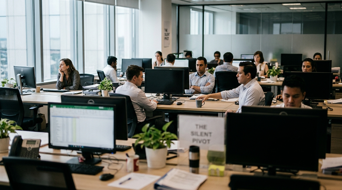 Apex Global Solutions Reports Record Alignment After Mandating 'The Silent Pivot' — Employees at the consulting giant have embraced a self-help philosophy of "strategic stillness," resulting in empty inboxes, quiet offices, and multi-hour hallway standoffs.