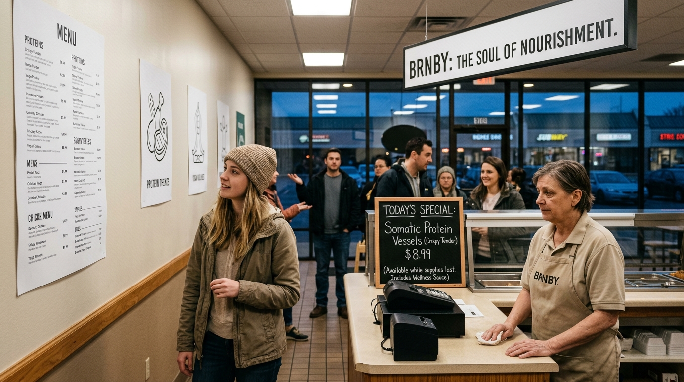 Barnaby’s Chicken Rebrands as 'BRNBY' Wellness Collective, Redefining Deep-Fried Tenders as 'Somatic Protein Vessels' — The fast-food chain’s 1,400 locations will replace drive-thru speakers with 'acoustic attunement grilles' while maintaining its high-sodium recipes.
