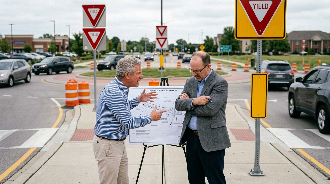 Carmel Roundabout Enters Eighth Redesign Phase as Civil Engineers Battle Over Deflection Angles — The intersection of 116th Street and Keystone Parkway now features three concentric lanes, a contested bypass slip, and two conflicting municipal theories of right-of-way.