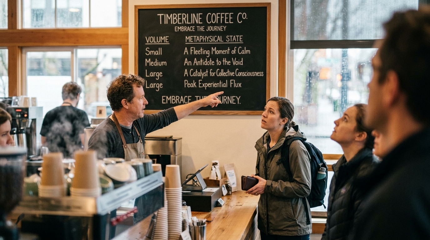 Pacific Northwest Coffee Chain Replaces Drink Sizes with Existential Milestones — Veritas Brew Lab retires fluid ounces in favor of 'The Immanent Present' and 'The Infinite Regression'
