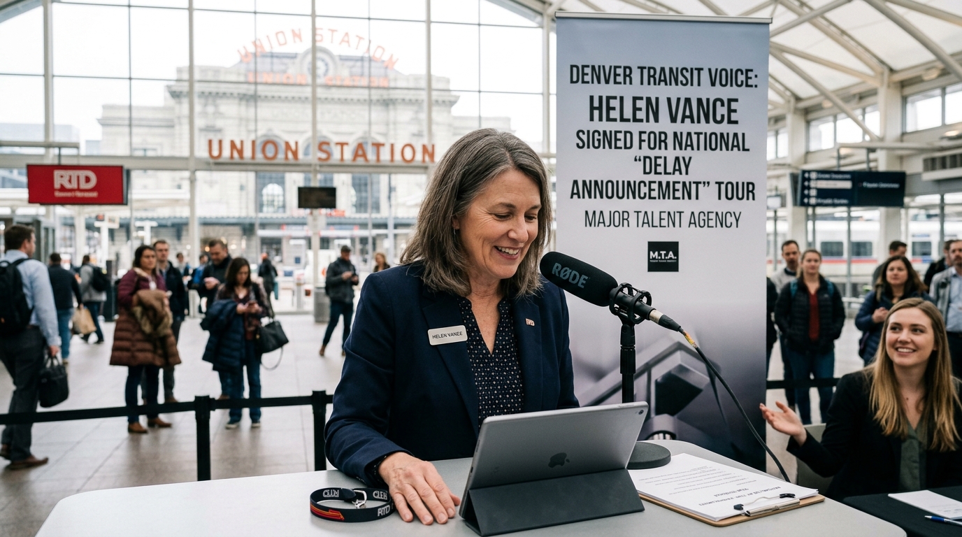Denver Transit Voice Signs With Major Talent Agency for National 'Delay Announcement' Tour — Helen Vance, whose soothing pre-recorded warnings have graced the light rail since 2021, will perform sold-out readings of municipal track maintenance updates.