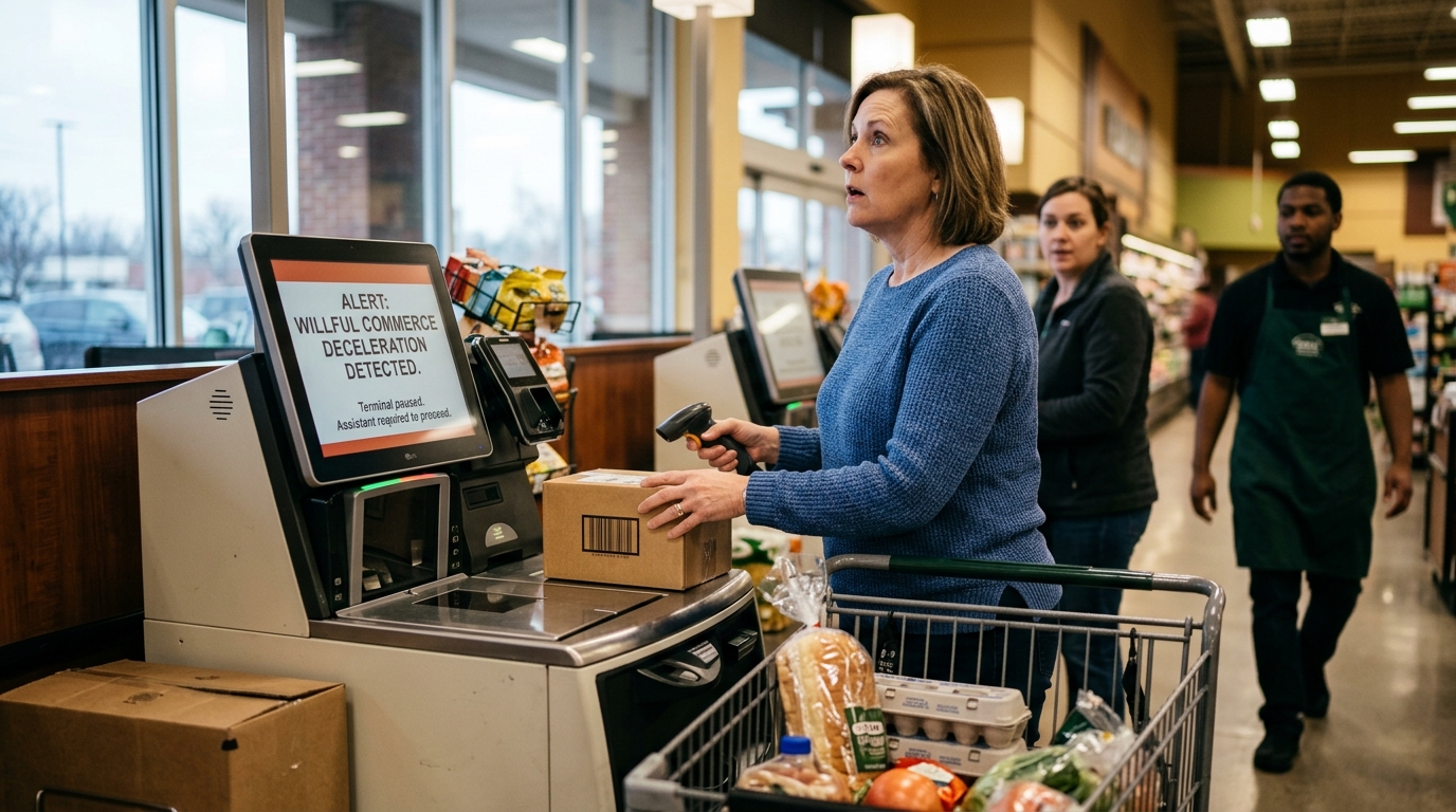 Self-Checkout Terminal Accuses Ohio Shopper of 'Willful Commerce Deceleration' — An automated supermarket lane detained a Columbus man after his scanning speed dropped below regional efficiency standards.