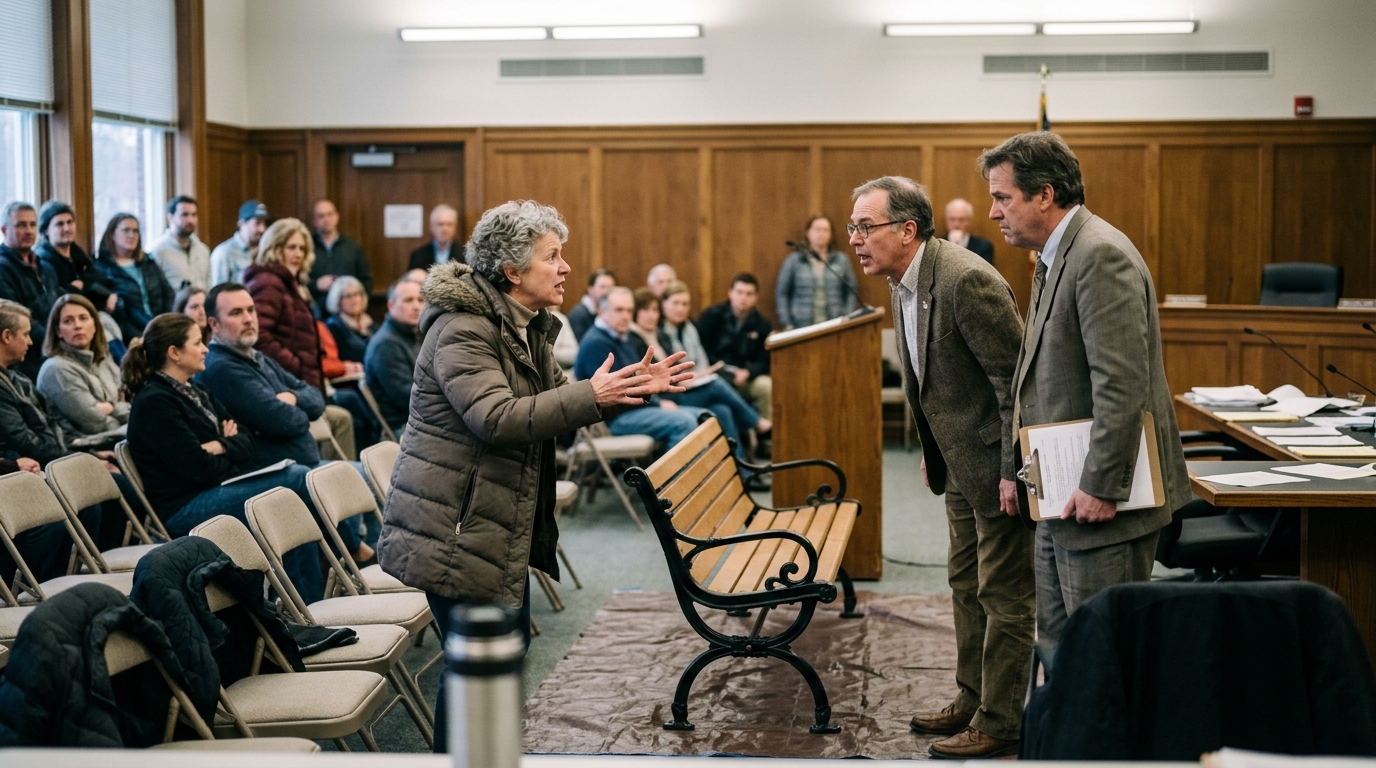 Oakhaven Town Council Meeting Suspended Over 12-Degree Rotation of Memorial Bench — Residents split into rival factions after public works crews inadvertently shift the vantage point of a park bench away from the duck pond.
