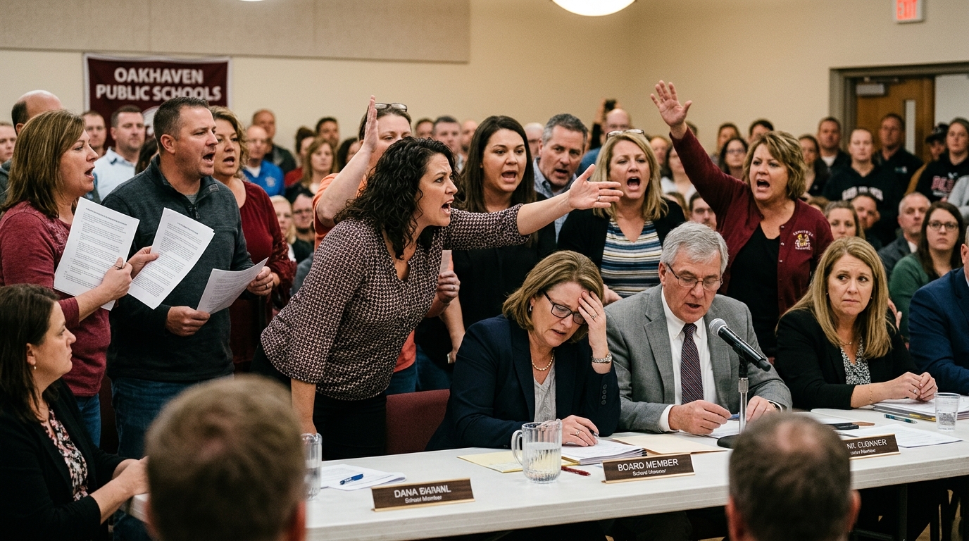 Oakhaven School Board Meeting Dissolves Into Chaos After Nobody Can Identify High School Mascot — An $84,000 gymnasium resurfacing project is halted indefinitely as officials, boosters, and historians clash over the biological taxonomic status of the 'Crested Shrend.'