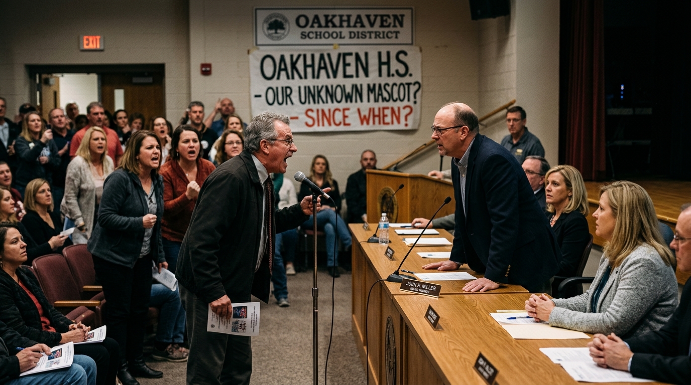 Oakhaven School Board Erupts Over Varsity Mascot Nobody Remembers Choosing — A four-hour emergency session failed to determine whether 'The Churn' is an industrial tool, a meteorological event, or a database error.