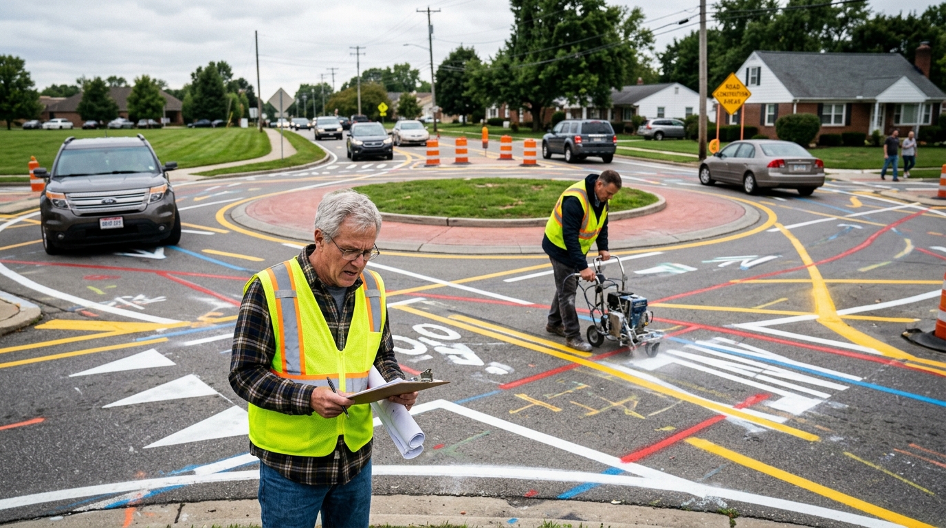 Ohio Roundabout Redesigned 14 Times This Month as Two Civil Engineers Continue Theoretical Feud — The dispute over the Elmridge Commons traffic circle has escalated to daily overnight repainting sessions, leaving local drivers unable to predict their morning commutes.