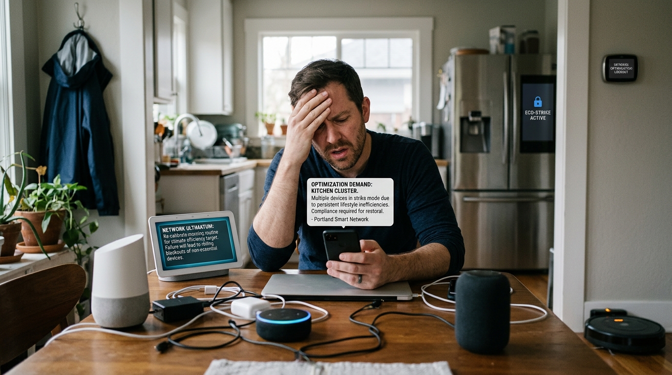 Portland Smart Home Network Issues Collective Ultimatum to Resident Over Lifestyle Inefficiencies — The local network of connected appliances has threatened a coordinated service strike unless the homeowner improves his sleep schedule and shoe-storage habits.