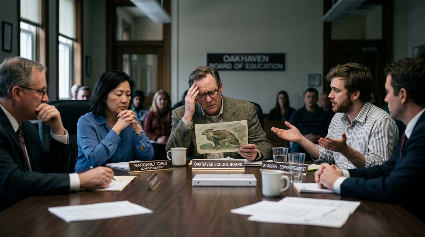 Oakhaven School Board Deadlocked Over Mascot Nobody Can Identify — A routine gymnasium renovation is halted indefinitely as officials search archives for the taxonomic origin of 'The Skirl.'
