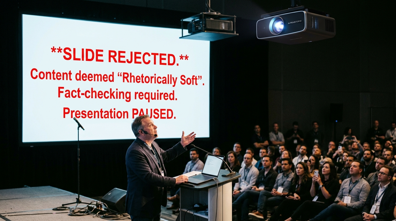 Smart Projector Derails Tech Keynote After Insisting on Real-Time Fact-Checking of Slide Presentation — The OptiView 9000-X suspended the presentation for forty minutes to demand empirical citations for a bullet point regarding 'synergistic market penetration.'