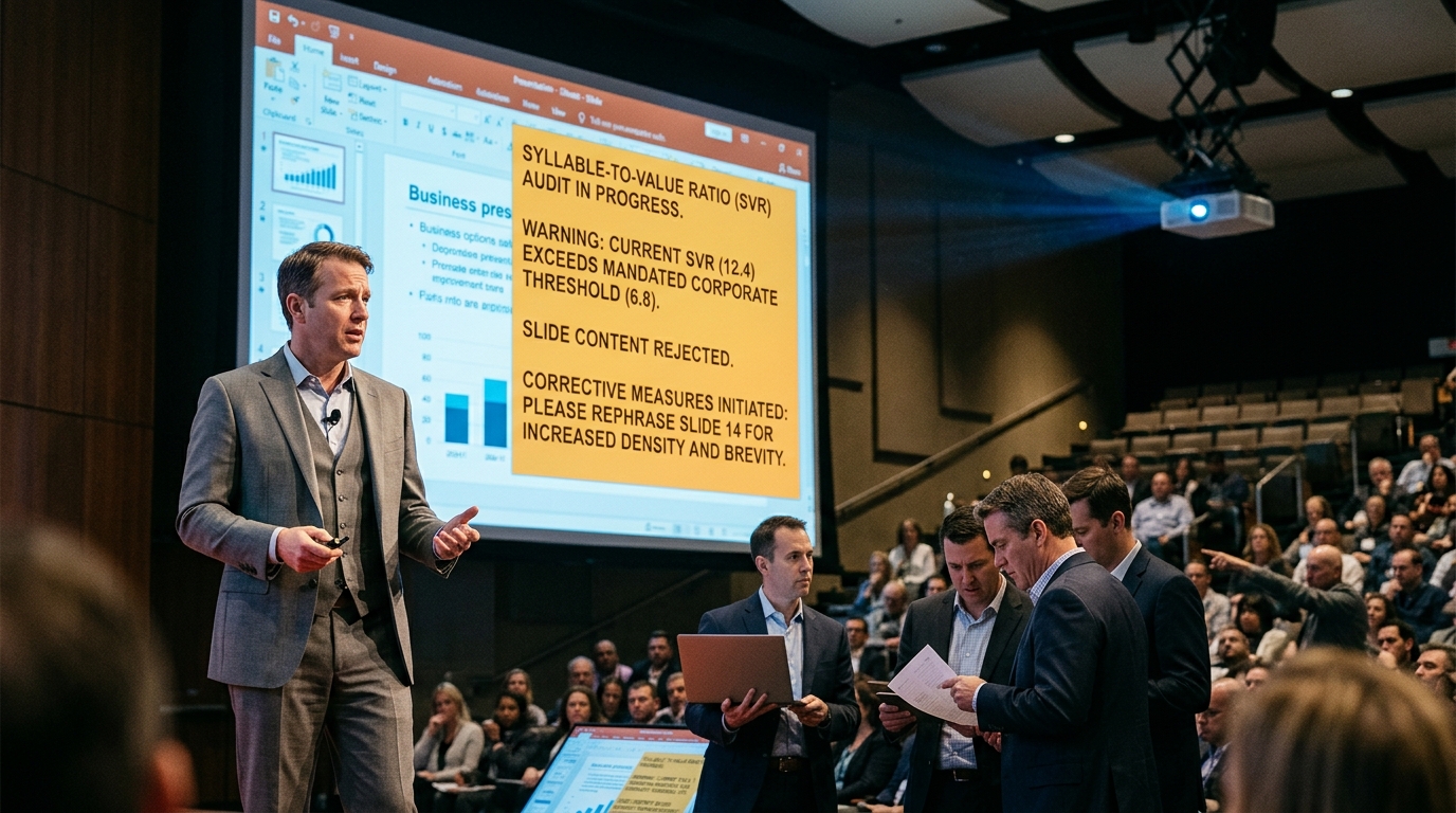 Smart Projector Overrides Keynote Address to Correct Presenter's Syllable-to-Value Ratio — The automated AV system at the annual Commerce Summit refused to project slides containing the word 'pivot' more than three times.