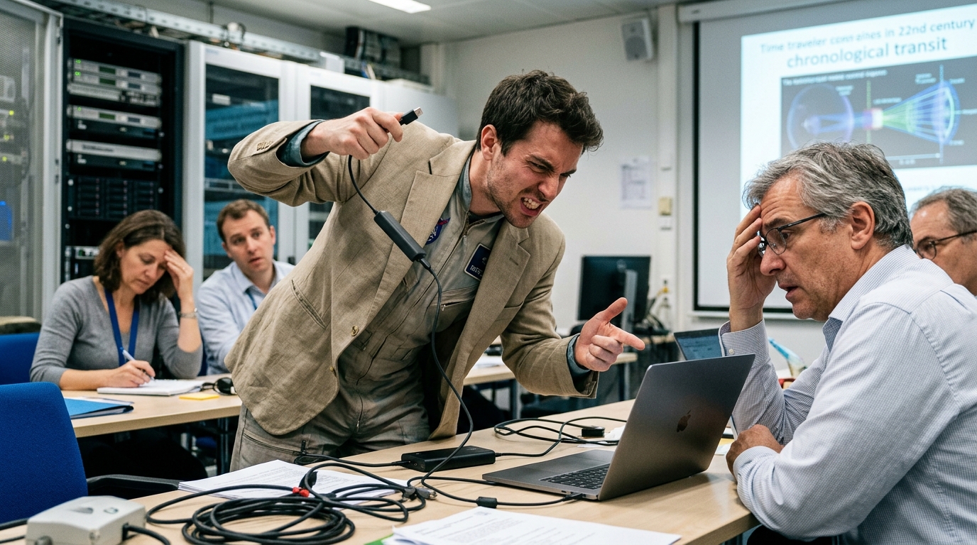 Historic Time Traveler Debriefing Derailed by Visitor's Obsession with USB-C Connection Wobble — Scientists from CERN report the visitor from 2148 refused to discuss quantum mechanics until researchers resolved a 'mushy' laptop connection