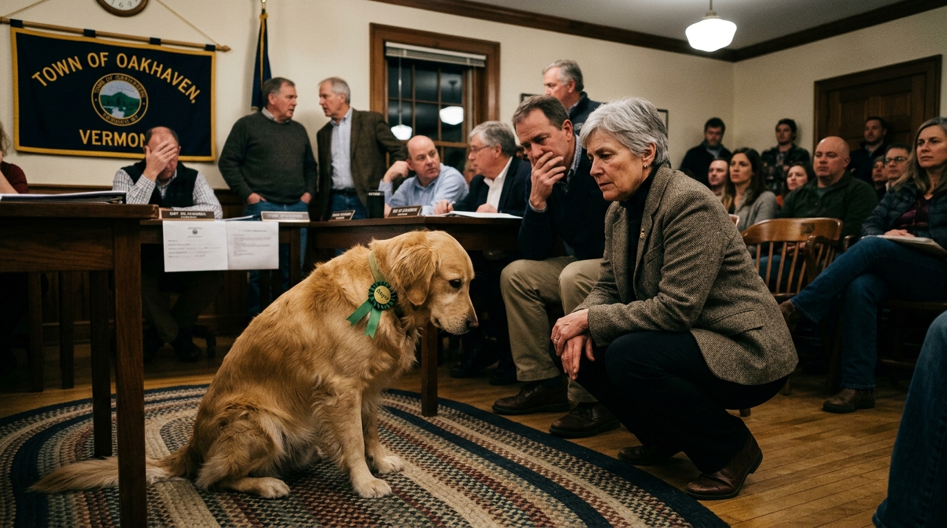 Vermont Town Council Gridlocked After Mayor, a Golden Retriever, Signals Veto by Staring at Rug — Oakhaven’s municipal translation matrix dictates that Mayor Barnaby’s nine-day focus on a loose thread constitutes an indefinite legislative hold.